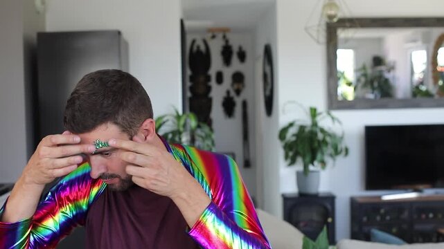 Colorful Pride: Bearded Man with Rainbow Outfit and Make Up Art Supplies