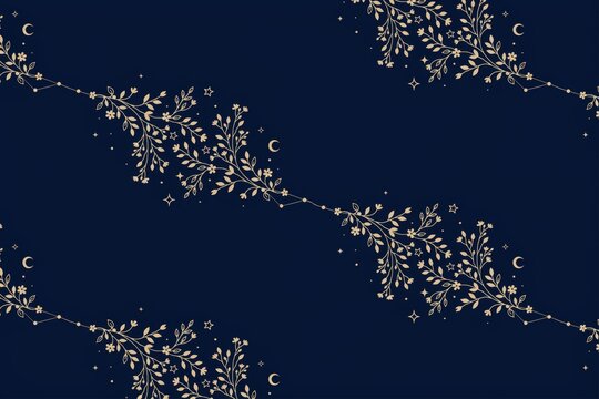 Celestial pattern with golden floral branches, stars, and crescent moons arranged in a decorative composition on a dark navy blue background