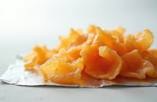 Dried fish maw pieces lie on silver foil background. Raw golden seafood ingredient for healthy soup dish. Organic yellow snack for traditional Asian cooking recipe. Premium oceanic nutrition product
