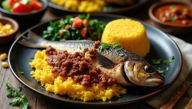 Plate with roasted fish served with yellow cornmeal ugali, fresh green salad. Traditional East African dinner featuring maize based dish with savory sauce. Homemade hearty meal from Kenya Tanzania.
