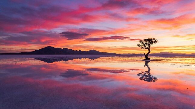 Dramatic Sunset Over Salt Flat with Colorful Sky Reflection
