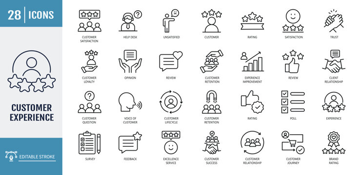 Customer experience icon set. including feedback, satisfaction, review, rating, survey, and more. outline icon set. vector illustration with editable stroke