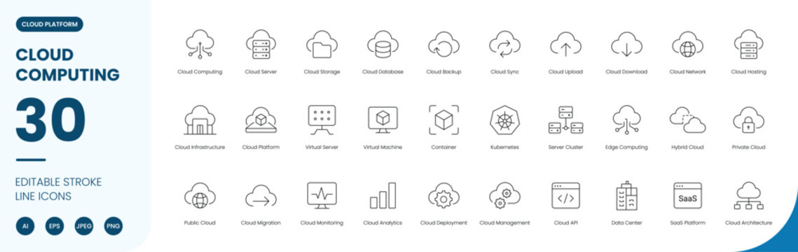 cloud computing icon line style cloud platform editable stroke vector set