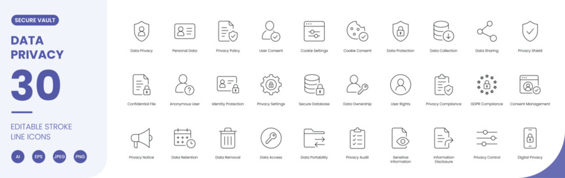 data privacy icon line style personal information editable stroke vector set