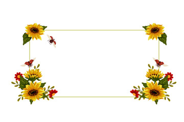A colorful botanical frame with autumn sunflower flowers and a red ladybug winged insect. Vector graphics. © Катерина Якубович