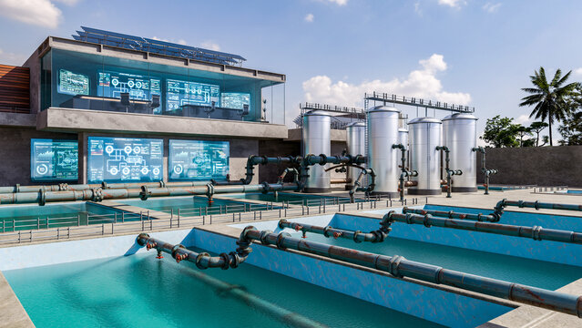 3D render of a Next-Generation Water Processing Facility with Smart Industrial Automation and Digital Twin Technology