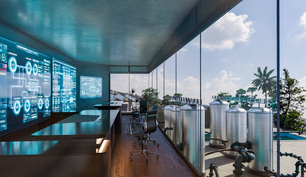 3D render of an Ai data center interior of a smart  water treatment facility