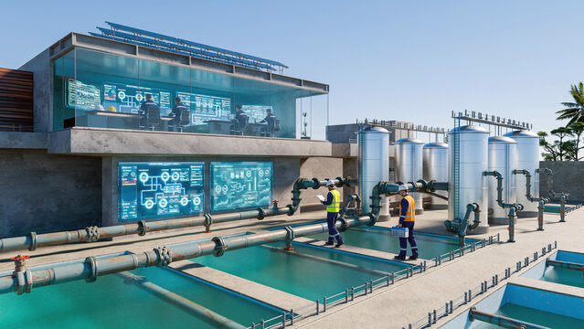 3D render of a Smart Water Treatment Facility with Advanced Industrial Filtration and Digital Control Systems