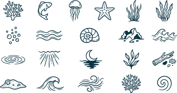 Coral reef minimal boho underwater icons pack showcasing one color marine branches fishes seaweeds water ripples deep sun rays graphics