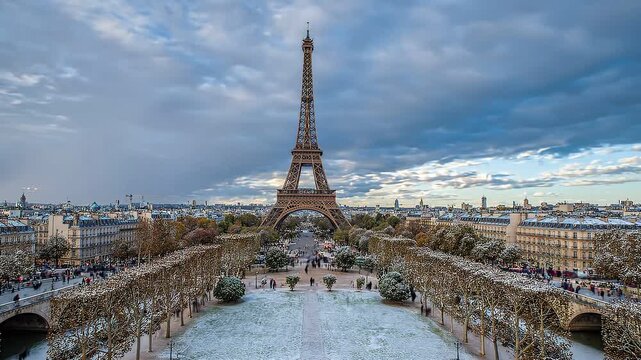 Eiffel tower and paris cityscape with autumn to winter season transition