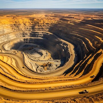 Aerial view of a massive open pit mining operation.