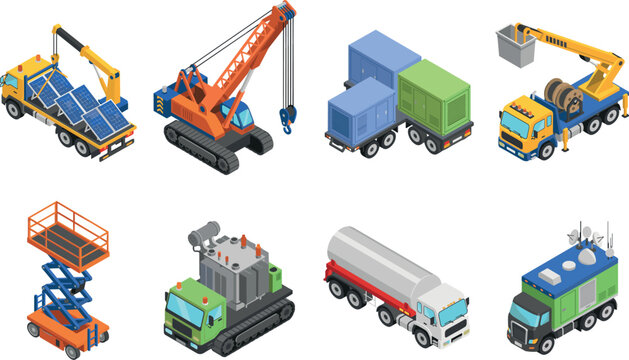 Isometric Industrial Construction Vehicles and Energy Infrastructure Machinery Set with Mobile Cranes Generator Trucks Scissor Lift and Tanker Vector Illustrations