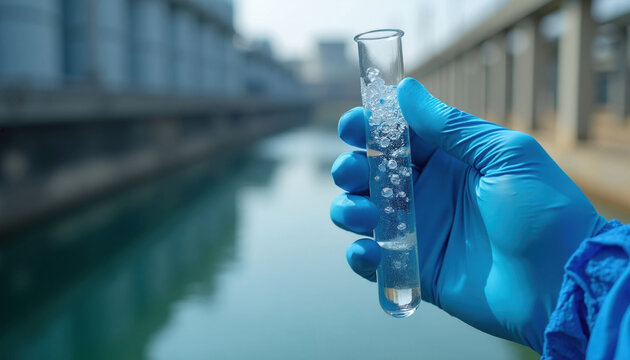 Gloved hand holds glass test tube with water sample at industrial treatment plant site. Expert scientist checks liquid clarity for pollution analysis outdoors. Researcher performs environmental