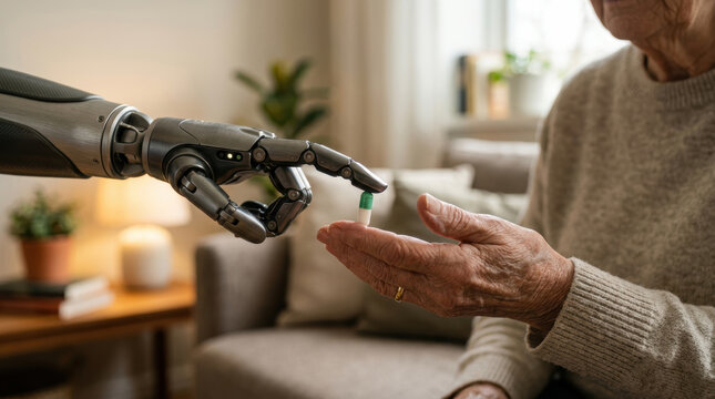 Elderly care robotics assist with medication delivery showing robotic hand giving pill to older person in cozy home setting