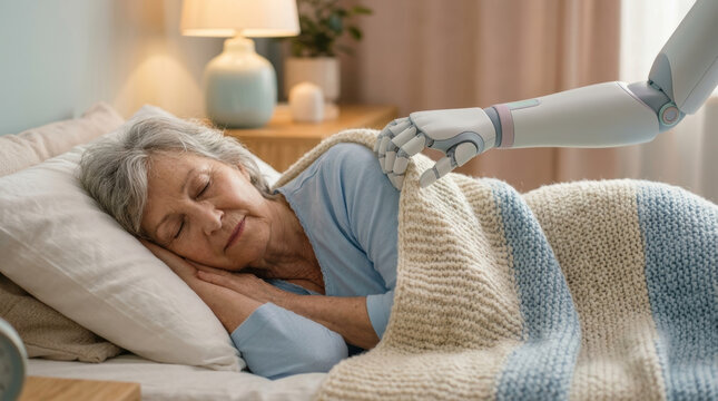 Elderly woman sleeping peacefully in bed with robotic hand gently covers her with knitted blanket showing care and comfort in cozy room