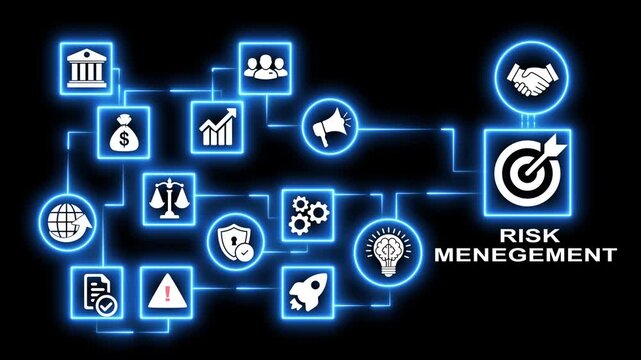 Risk management animated with business icons flow seamlessly across a black background, financial concept.