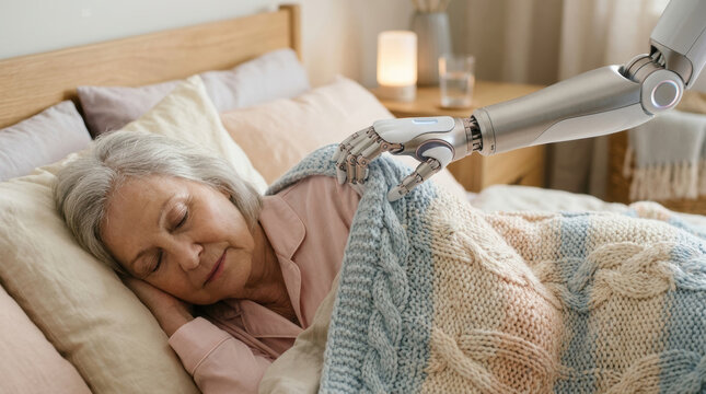 Elderly woman sleeping peacefully in bed while robotic arm gently covers her with knitted blanket showing care and advanced robotics technology
