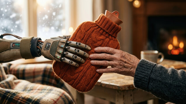 Elderly care robotics concept showing robot hand giving hot water bottle to elderly person in cozy indoor setting