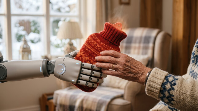 Elderly care robotics assist with warmth and comfort by handing hot water bottle in cozy home setting during winter season