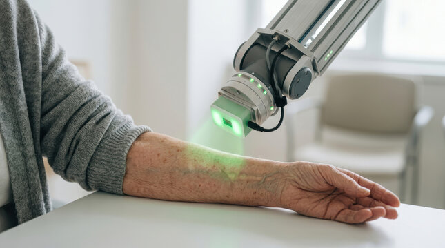 Elderly care robotics technology scanning arm skin for health monitoring in clinical setting with advanced medical device