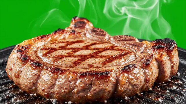 Delicious juicy grilled pork steak with distinct char marks rotating on a bright chroma key green screen with gentle rising steam