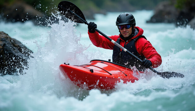 Athlete in red jacket paddles kayak through fast white water rapids. Man wears black helmet, sunglasses during extreme river adventure. Spray flies around orange boat as kayaker navigates rushing