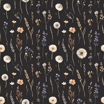 Boho meadow wild dandelion flower seamless pattern for textile and background design