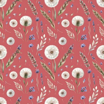 Boho meadow wild dandelion flower seamless pattern for textile and background design
