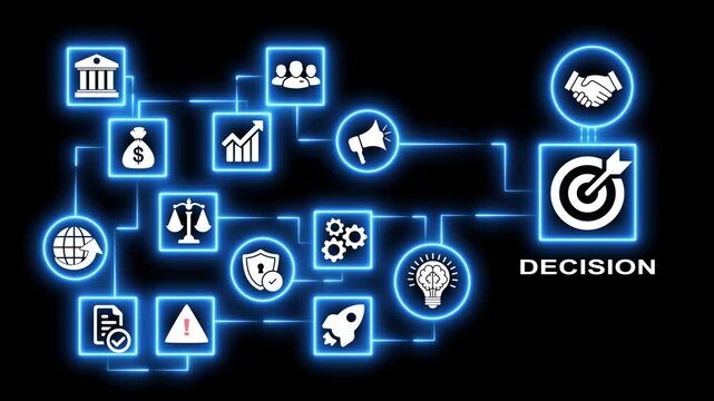 Abstract business strategy flowchart with icons representing finance growth decision making and successful collaboration.