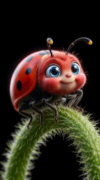 Adorable ladybug character with big blue eyes, cute 3D cartoon ladybird on green fuzzy stem, friendly red beetle insect illustration on black background