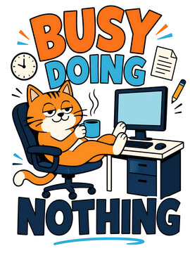 Orange cat pretending to work at computer desk with papers flying