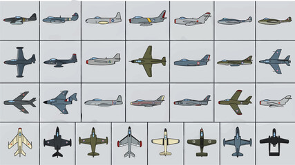 Flat Vector Icons of Early Jet Fighters, Diverse Aircraft Designs from Different Eras and Nations, Graphic Resource Collection © Suhandistudio