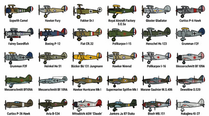 Flat Vector Icons of Interwar Period Military Biplanes and Monoplanes, Diverse Aircraft Collection with Historical Names, Graphic Resource Set © Suhandistudio