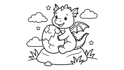 Cute baby dragon hatching from egg in clouds with stars vector illustration