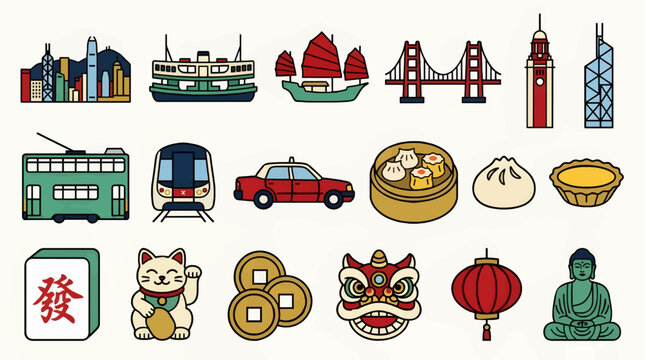 Flat Vector Icons of Hong Kong Landmarks, Transportation, and Culture: Skyline, Star Ferry, Junk Boat, Bridge, Tram, Train, Taxi, Dim Sum, Mahjong, Maneki Neko, Coins, Lion Dance, Lantern, Buddha