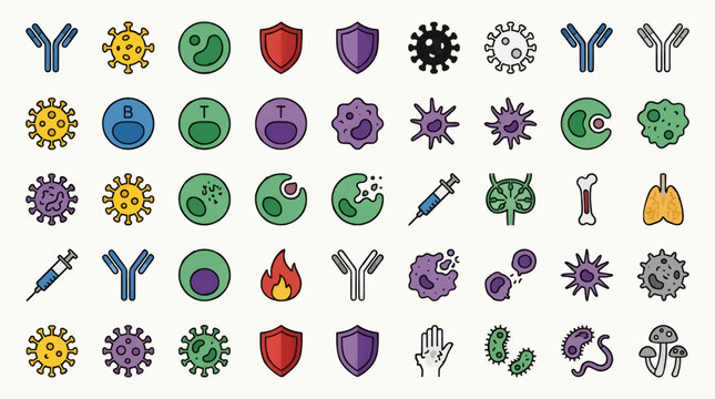 Flat Vector Icons of Immunology and Immune System Cells, Antibodies, Viruses, Bacteria, and Medical Symbols Arranged in a Grid, Clean Graphic Design Elements