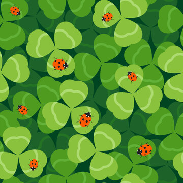 Abstract landscape summer seamless pattern with red ladybugs sitting on clover leaves, top view. Simple geometric nature modern background for print, banner, wrapping paper, wallpaper