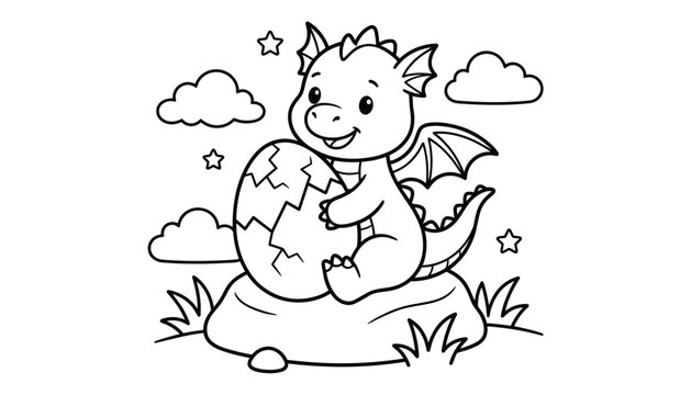 Cute baby dragon hatching from egg in clouds with stars vector illustration