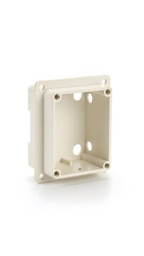 Beige plastic electrical junction box for wall mounting isolated on white studio background