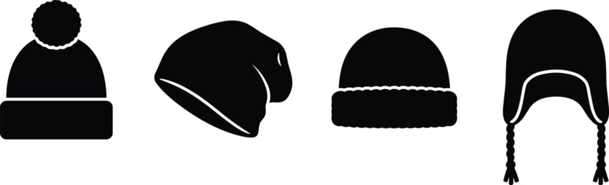 Winter Beanie Hat Silhouette Vector Icon Set Featuring Knit Pom Pom Slouchy Skull Cap and Earflap Ushanka Headwear for Cold Weather Seasonal Fashion