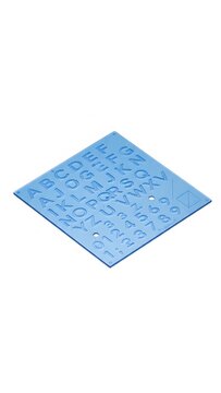 Blue plastic stencil plate with embossed alphabet letters and numbers for technical lettering