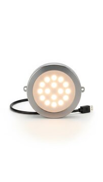 Circular led recessed downlight fixture with warm white illumination and usb power connection