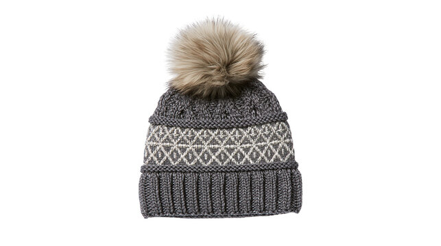 Gray knitted beanie with geometric pattern and faux fur pompom
