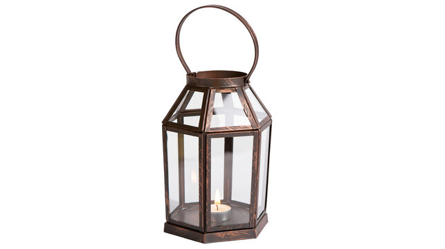 Octagonal metal lantern with glass panels and lit candle