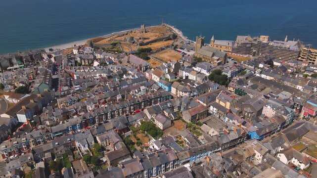 Aberystwyth castle ruins seaside town and university aerial view