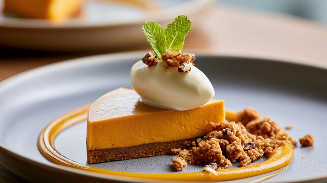 Slice of gourmet pumpkin cheesecake garnished with cream, sweet crumble, and fresh mint on a stylish gray plate.