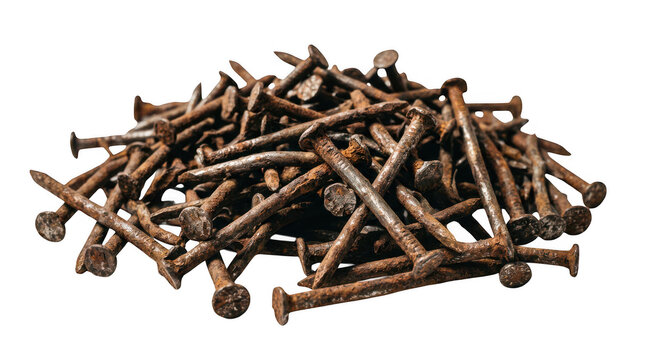 Pile of old rusty metal nails isolated on transparent background