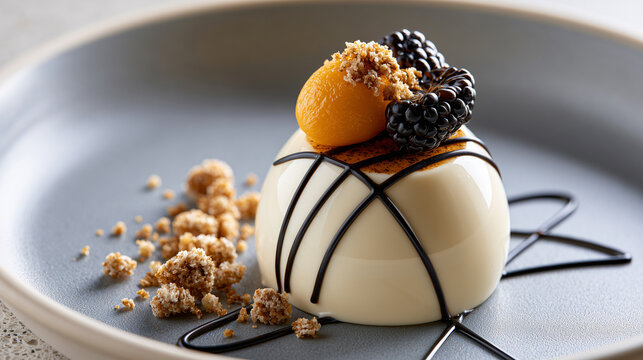 Sophisticated panna cotta dessert drizzled with chocolate glaze and garnished with fresh fruit and crumble.