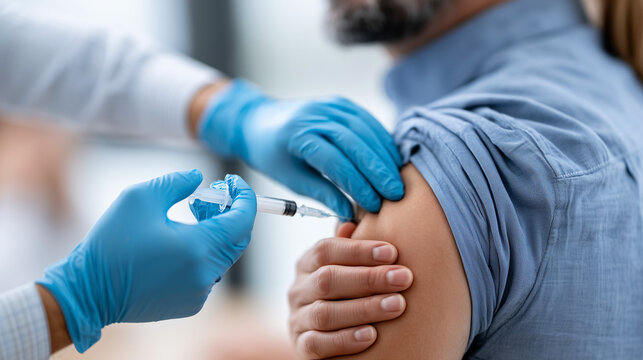 Healthcare professional with blue gloves administering a vaccine injection into a male patient's upper arm.