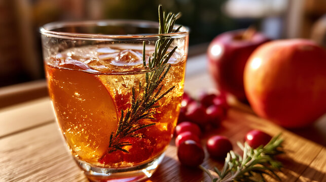 Iced autumn apple cider cocktail garnished with fresh rosemary, apple slices, and cranberries on a wooden tray.